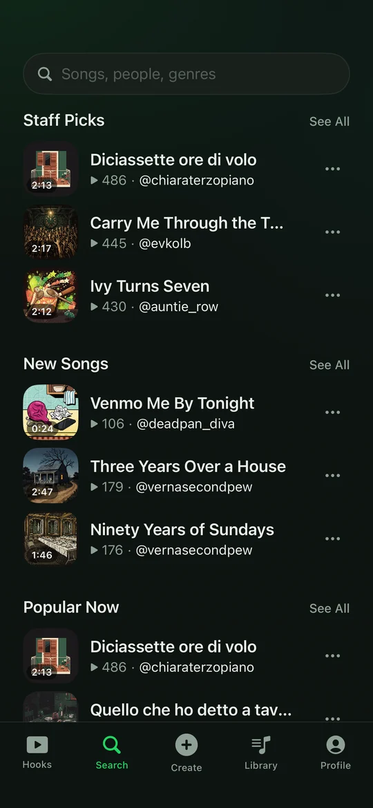 Explore: staff picks, new songs and popular songs with covers and play counts.
